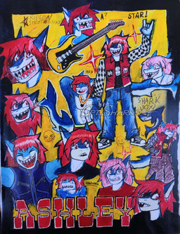 alternative_fashion anthro blood blue_body bodily_fluids bottomwear checkered checkered_clothing clothed clothed_anthro clothed_male clothing denim denim_bottomwear denim_clothing electric_guitar eyebrow_through_hair eyebrows fin fully_clothed fully_clothed_anthro fully_clothed_male guitar hair jacket jeans male male_anthro muscular muscular_anthro muscular_male musical_instrument pants pattern_clothing plucked_string_instrument punk red_eyes red_hair rock_star sharp_teeth simple_background solo star string_instrument teeth topless topless_anthro topless_male topwear translucent translucent_hair yellow_background captain_sharks fish marine shark absurd_res hi_res painting_(artwork) traditional_media_(artwork) traditional_painting_(artwork) watermark