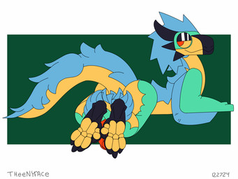 feathers feet foot_focus genitals green_body leg_swinging long_tail looking_at_viewer looking_back male pawpads penis red_eyes solo tail theenyface capcom monster_hunter bird_wyvern seikret 4:3 animated loop