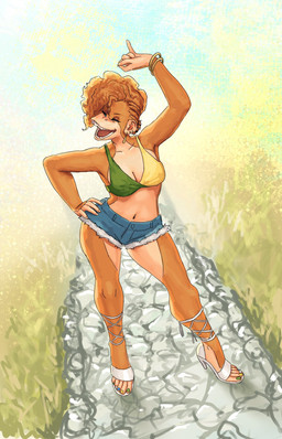 5_fingers 5_toes anthro bikini bikini_top blue_nails bottomwear bracelet breasts cleavage clothed clothing colored_nails denim denim_bottomwear denim_clothing denim_shorts ear_piercing eyes_closed feet female fingers footwear fur green_nails high_heels jewelry midriff nails navel open_mouth open_smile orange_body orange_fur piercing shoes shorts smile solo standing swimwear toes two-piece_swimsuit yellow_nails redustheriotact babi_(vagnerdesouzas7) haplorhine mammal monkey primate 2022 hi_res
