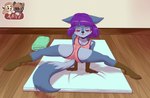 anthro arm_support bedding blanket blue_body blue_fur blush butt camel_toe clothed clothing eyes_closed female flat_chested flexible fur genital_outline hair leotard nipple_outline purple_hair pussy_outline solo splits spread_legs spreading yoga yoga_mat young young_anthro young_female midnightgospel sarah_(nb) canid canine canis mammal wolf hi_res signature