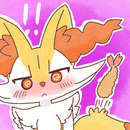 :< ambiguous_anthro ambiguous_gender anthro biped blush blushing_profusely dipstick_tail exclamation_point food front_view looking_at_viewer markings shrimp_(food) simple_background solo spiral_pupils standing tail tail_markings textured annyui0611 nintendo pokemon braixen canid generation_6_pokemon mammal pokemon_(species) 1:1 2022 bust_portrait digital_drawing_(artwork) digital_media_(artwork) hi_res japanese_description portrait translated_description