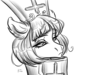 ambiguous_form bangs closed_frown clothed clothed_female clothing ear_tuft eyebrows eyelashes female frown fur grey_eyebrows grey_eyes grey_mane half-closed_eyes hat headgear headwear light mane medium_mane mouth_closed narrowed_eyes no_pupils ponification simple_background solo text topwear tuft unimpressed white_background white_body white_clothing white_fur white_hat white_headwear white_topwear rayrage hasbro limbus_company my_little_pony project_moon charon_(limbus_company) earth_pony equid equine horse mammal pony 2026 artist_name crossover digital_drawing_(artwork) digital_media_(artwork) english_description headshot_portrait lighting monochrome portrait shaded sketch