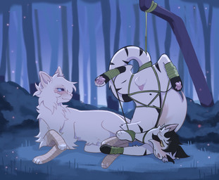 animal_genitalia animal_penis balls bdsm bound detailed_background duo feral forest_background fur genitals looking_at_another male multicolored_body multicolored_fur night outside penis plant sheath shrub smile striped_body striped_fur stripes two_tone_body two_tone_fur vine_bondage white_balls white_body white_fur white_sheath littleperrito warriors_(book_series) brighteye_(brighteyefeline) fan_character shadowleap_(shadowleapff) domestic_cat felid feline felis mammal 2026 hi_res