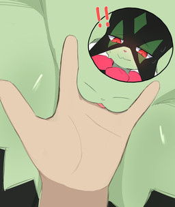ambiguous_fingering ambiguous_fingering_female ambiguous_gender ambiguous_human anthro anthro_fingered anthro_focus biped bodily_fluids close-up cutaway disembodied_hand duo exclamation_point expression_cutaway female female/ambiguous female_anthro female_fingered female_focus female_on_human fingering fur green_body green_fur human_fingering human_fingering_anthro humanoid_hands looking_down looking_down_at_another looking_pleasured red_eyes solo_focus sweat wavy_mouth zaratoko_08 nintendo pokemon pussy-cat_(meme) generation_9_pokemon human mammal meowscarada pokemon_(species) 2026 cel_shading digital_drawing_(artwork) digital_media_(artwork) hi_res shaded