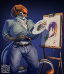 anthro big_breasts blue_background blue_bottomwear blue_clothing blue_pants blue_shirt blue_topwear bottomwear breasts brush bulge canvas clothing creating_art fur grey_body grey_fur grin grinning_at_viewer gynomorph hair huge_breasts intersex looking_at_viewer muscular orange_hair paintbrush painting painting_(action) pants qr_code shirt simple_background smile solo topwear noblewolfa augusta bob_ross bovid bovine cattle mammal hi_res meme