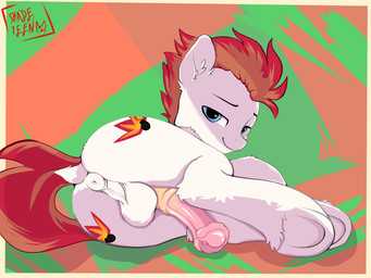 animal_genitalia animal_penis anus balls butt equine_genitalia equine_penis erection feral genitals looking_at_viewer lying male on_side penis perineal_raphe perineum raphe_(anatomy) rear_view smile solo shadeyeen hasbro my_little_pony equid equine horse mammal pony 4:3 hi_res