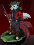 4_toes 5_fingers anthro bottomwear clothing coat feet fingerless_gloves fingers footwear fur gloves grass green_hair gun hair handwear male orange_body orange_fur pants plant ponytail ranged_weapon rifle scope solo toeless_footwear toes topwear weapon whiskers white_body white_fur vinzin_(artist) vinzin_(character) hi_res signature watermark