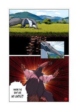 4_fingers all_fours ambiguous_gender angry annoyed bar_emanata border claws day dialogue emanata feral field fingers focus_lines fur grass hill humor interrobang long_snout nature open_mouth outside plant pointy_speech_bubble profanity radial_speed_lines snout solo species_in_dialogue speech_bubble speed_lines standing text white_border yelling billmund anteater giant_anteater mammal pilosan xenarthran 2014 comic digital_media_(artwork) english_text hi_res