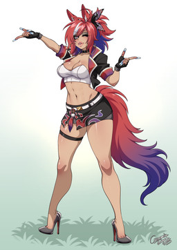 accessory blue_hair bottomwear breasts clothing collar crop_top dipstick_tail eyebrow_through_hair eyebrows eyelashes female footwear garter hair high_heels jacket markings microskirt midriff miniskirt multicolored_hair one_eye_closed puckered_lips red_hair shirt shoes skirt solo tail tail_markings topwear translucent translucent_hair white_hair wink crescentia_fortuna deathblight animal_humanoid equid equid_humanoid equine equine_humanoid horse_humanoid humanoid mammal mammal_humanoid 2025 dated hi_res signature