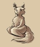 anthro antlers black_eyes buckteeth chest_tuft eyelashes female fluffy fluffy_chest fluffy_tail fur hands_on_lap horn simple_background sitting solo tail tan_background teeth tuft jubb unknown_species 2019 signature