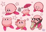 ambiguous_gender blush bodily_fluids clothing cooler crying eyewear glasses hat headgear headwear jacket jewelry multiple_poses necklace pink_body pose sad scooter solo tears topwear umbrella selinaeagle kirby_(series) nintendo kirby alien waddling_head 2022 absurd_res digital_drawing_(artwork) digital_media_(artwork) hi_res signature