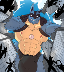 anthro big_bulge blue_body bulge city clothing cloud destruction detailed_bulge fish_eye_view genital_outline looming low-angle_view macro male muscular muscular_male nipples red_eyes silhouette speedo spines swimwear happyending nintendo pokemon canid canine generation_4_pokemon lucario mammal pokemon_(species) hi_res