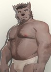 2023 absurd_res anthro arm_hair barazoku beard belly_hair biceps body_hair briefs briefs_only brown_hair canid canine chest_hair clothed clothing deltoids facial_hair forearm_hair forearms green_eyes hair happy_trail hi_res looking_at_viewer male mammal manly mature_male musclegut muscular navel nipples pecs samuorebuqi simple_background solo standing tighty_whities topless underwear underwear_only white_background white_briefs white_clothing white_underwear