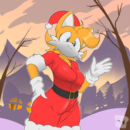 anthro building christmas_clothing christmas_headwear clothing cloud crossgender female fur gesture hat headgear headwear holidays house mtf_crossgender orange_body orange_fur plant santa_hat simple_background solo tree waving white_body white_fur winter breadinatoarts christmas sega sonic_the_hedgehog_(series) miles_prower canid canine fox mammal hi_res
