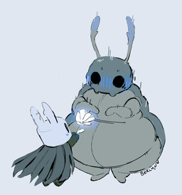 ambiguous_gender antennae_(anatomy) anthro belly big_belly biped black_eyes blue_blush blush blush_lines blushing_profusely bottom_heavy cloak clothing duo female flat_chested flower flustered giving_flower glowing glowing_flower grey_background holding_flower holding_object horn huge_hips huge_thighs larger_female love obese obese_anthro obese_female overweight overweight_anthro overweight_female plant romantic shocked simple_background size_difference smaller_ambiguous standing thick_thighs weight_difference white_background white_head wide_eyed wide_hips blahhbeau hollow_knight_(franchise) team_cherry bretta_(hollow_knight) the_knight_(hollow_knight) arthropod beetle insect vessel_(species) 2025 absurd_res hi_res signature