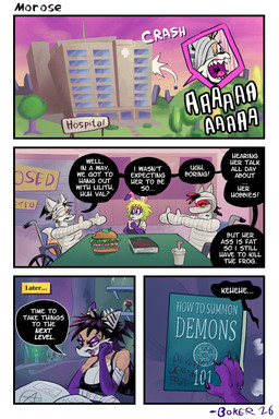 alternative_fashion anthro autodefenestration big_breasts black_hair black_speech_bubble blonde_hair blue_eyes bone book breasts candle cleavage clothed clothing container crash cup defenestration dialogue ear_piercing eye_patch eyeshadow eyewear female food food_court full_body_cast fur glasses goth group hair head_wings highlights_(coloring) hospital industrial_piercing industrial_piercing_ladder makeup mall neck_bolts neck_brace open_mouth outside piercing pink_body pink_fur pink_highlights plant purple_body purple_eyeshadow purple_fur red_eyes red_hair sandwich_(food) screaming sharp_teeth shirt sipping skull tank_top teeth text topwear tree trio unusual_wing_placement vehicle wheelchair wings yellow_eyes boker hanged_man_(boker) laura_derose mary_(boker) val_(boker) bat-eared_fox canid canine canis demon fox lagomorph leporid mammal rabbit red_wolf wolf 2:3 artist_name comic english_text