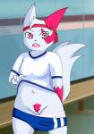 anthro anthrofied athletic_wear bottomwear bottomwear_down bottomwear_pull breasts clothed clothing clothing_lift clothing_pull facial_markings female flashing fur genitals gym_uniform head_markings looking_at_viewer markings navel open_mouth panties pants pants_down pants_pull partially_clothed pokemorph pubes pussy shirt shirt_lift shorts solo standing topwear underwear uniform white_body white_fur infamousrel pokeandpenetrate nintendo pokemon generation_3_pokemon mammal pokemon_(species) zangoose 2017 digital_media_(artwork)