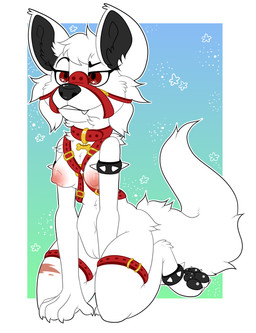 anthro bdsm black_nose black_pawpads bondage bound breasts female fur genitals harness muzzle_(object) muzzled nipples pawpads paws pink_nipples snout solo submissive submissive_female vulva white_body white_fur kipcat staggy canid canine canis mammal wolf absurd_res hi_res