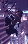 4_toes 5_fingers anthro black_hair city detailed_background feet fingers hair male night open_mouth outside smile solo tail teeth toes tongue yellow_eyes rudragon 2022 digital_media_(artwork) hi_res