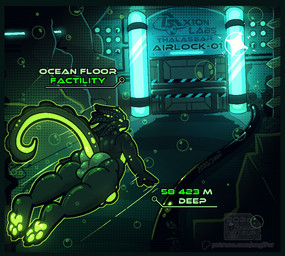 anthro backsack balls black_border border bulge butt clothed clothing feet genitals glowing glowing_eyes lore male paws rear_view science_fiction sea solo tail tentacles text toes underwater underwear water nagifur levi_(nagifur) alien aquatic fish mammal comic digital_media_(artwork) english_text story story_in_description