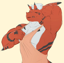 anthro big_muscles big_pecs clothing clothing_pull eyes_closed horn male markings muscular muscular_arms pecs pose shirt shirt_pull simple_background smile solo tank_top topwear topwear_pull tribal tribal_markings underarm krizzwox bandai_namco digimon digimon_(species) dinosaur growlmon prehistoric_species reptile scalie hi_res pinup
