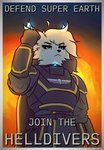 anthro armor clothed clothing curvy_figure explosion female gesture salute simple_background small_waist solo text fironmaplez_(artist) helldivers absurd_res english_text hi_res