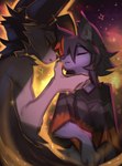 anthro black_hair clothed clothing duo ear_tuft eyes_closed fur hair looking_at_another shirt sparkles topwear tuft hyilpi canid canine mammal 2024 digital_drawing_(artwork) digital_media_(artwork) hi_res