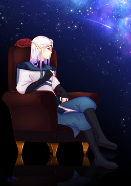 ambiguous_gender clothing hair humanoid_pointy_ears pointy_ears red_eyes shooting_star side_view sitting solo star white_hair rukifox elf humanoid hi_res