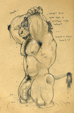 anthro armpit_hair balls bathing beard big_penis body_hair caught_in_the_act chest_hair dialogue dripping_water facial_hair foreskin genitals half-erect humanoid_genitalia humanoid_penis inviting looking_at_viewer male muscular muscular_male nipples nude pecs penis pubes solo sponge text water tush_(artist) european_mythology greek_mythology mythology kurnak bovid bovine cattle humanoid mammal minotaur english_text hi_res