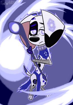 bandage bandaged_arm black_nose black_spots bottomwear cane clothing collar female floppy_ears fur grey_collar half-closed_eyes indigo_tribe kerchief loincloth narrowed_eyes neckerchief neckwear purple_bottomwear purple_clothing purple_eyes purple_kerchief purple_loincloth purple_neckerchief purple_spots ring solo spots white_body white_fur whitewolf20xx 101_dalmatian_street 101_dalmatians dc_comics disney green_lantern_(series) da_vinci_(101_dalmatians) indigo-1 canid canine canis dalmatian domestic_dog mammal hi_res