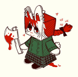 accessory anthro axe blood blood_on_axe bodily_fluids bottomwear bow_ribbon braided_hair clothing ear_piercing female green_clothing green_sweater green_topwear hair hair_accessory hair_bow hair_ribbon half-closed_eyes heart_symbol holding_axe holding_object laugh narrowed_eyes piercing red_eyes red_hair ribbons simple_background skirt smile solo square_head standing sweater topwear white_background bonnie_guerra gregory_horror_show lagomorph leporid mammal rabbit hi_res