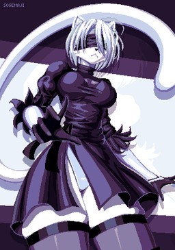 alternate_species anthro black_clothing blindfold clothing female fur furrification hair legwear panties solo tail thigh_highs underwear white_body white_fur sogemaji nier_automata platinumgames yorha_2b felid feline mammal hi_res