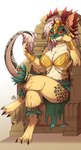 anthro big_breasts bikini breasts chair claws clothing fangs feathers female fluffy furniture hair huge_breasts mask red_eyes solo swimwear tail teeth throne two-piece_swimsuit auveiss ketzal lizard reptile scalie digital_media_(artwork) hi_res