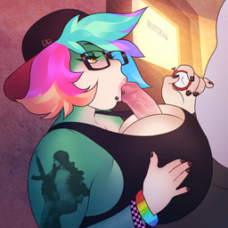 amber_eyes big_breasts blush bracelet breast_play breasts cleavage clothed clothing duo erection eyewear facial_piercing female foreskin genitals glasses green_body green_skin hair hat headgear headwear human_on_humanoid humanoid_genitalia humanoid_penis interspecies jewelry lip_piercing lips looking_up male male/female multicolored_hair nails nipples nude oral penis piercing rainbow_hair sex shirt short_hair tattoo timer titfuck titfuck_under_clothes topwear weapon white_body white_skin fangdangler ethel alligator alligatorid animal_humanoid crocodilian human humanoid mammal reptile reptile_humanoid scalie scalie_humanoid 1:1 2016 hi_res