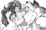 abs affectionate anthro belly_overhang big_breasts black_nose breast_on_face breasts clothed clothed/nude clothing curvy_figure facial_hair female female/female funny_face group hair hand_on_belly hat headgear headwear huge_breasts larger_female long_hair male male/female markings mature_female multi_tail muscular muscular_female nude sandwiched short_hair size_difference slightly_chubby slightly_chubby_female smaller_male striped_markings stripes tail trio voluptuous_female pltnm06ghost persona_(series) persona_5 amerie_sanger chiyako_nakamura randochris_(character) canid canine cougar felid feline fox fox_spirit haplorhine mammal monkey primate hi_res sketch