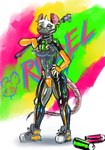 anthro biped breasts clothing face_mask female footwear gas_mask mask nipples paint pipe shoes solo spray_paint wearing_mask yellow_eyes peskybatfish american_opossum mammal marsupial 2022 hi_res