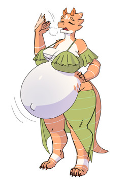 anthro beachwear belly big_belly breath exhausted female hyper hyper_pregnancy pregnant simple_background solo white_background preggyshork zetley_gem kobold scalie hi_res