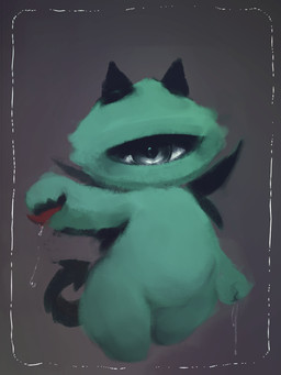 ambiguous_gender anthro black_horn black_tail bodily_fluids eyelashes featureless_chest featureless_crotch featureless_feet feet fur green_body green_fur grey_eyes hand_mouth horn looking_at_viewer open_mouth pupils red_tongue saliva slightly_chubby solo spade_tail standing tail tongue wings hasukii mitoki_(hasukii) cyclops monster 3:4