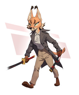 3_toes angry anthro barefoot black_highlights bottomwear clothing coat collared_shirt dress_shirt ear_tuft eyebrows feet female fur hair highlights_(coloring) holding_object holding_weapon katana long_tail markings melee_weapon narrowed_eyes orange_body orange_fur pants pawpads pointy_ears shirt short_hair simple_background solo sword tail thick_eyebrows toes topwear trenchcoat tuft weapon whisker_markings white_hair yellow_eyes ruffu kara_(ruffu) caracal caracal_(genus) felid feline mammal digital_drawing_(artwork) digital_media_(artwork)