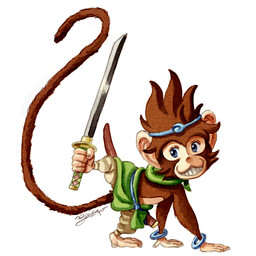 anthro asian_clothing blue_eyes bracelet brown_body brown_fur cheek_tuft chinese_clothing clothed clothing east_asian_clothing facial_tuft feet fur grin hands_on_ground head_tuft headgear headwear holding_object holding_weapon jewelry katana male melee_weapon prehensile_feet raised_tail smile solo sword tail toes tuft weapon juanito_medina kemono_heroes yu_(kemono_heroes) haplorhine mammal monkey primate 1:1 2017 official_art