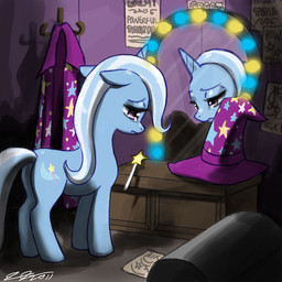bodily_fluids cape clothing crying cutie_mark detailed_background female feral hair hat headgear headwear horn lights mirror multicolored_hair poster purple_eyes sad solo tail tears toony two_tone_hair wand water john_joseco friendship_is_magic hasbro my_little_pony mythology trixie_(mlp) equid equine mammal mythological_creature mythological_equine unicorn 1:1