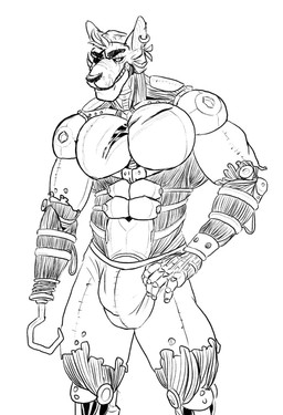 abs anthro big_bulge black_nose bulge clothing ear_piercing ear_ring exposed_endoskeleton eye_patch eye_scar eyewear facial_scar hook hook_hand machine male muscular muscular_male pecs piercing ring_piercing scar solo underwear simonsbathtub five_nights_at_freddy's scottgames foxy_(fnaf) animatronic canid canine fox mammal robot hi_res