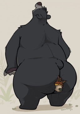 almost_fully_inside anal anal_head_gulp anal_vore anthro big_butt black_body black_fur bodily_fluids butt duo fur half-closed_eyes looking_pleasured male male/male narrowed_eyes overweight overweight_anthro overweight_male rear_view short_legs short_tail small_tail smile standing sweat sweaty_butt tail vore yellow_sclera haps the_jungle_book baloo tralalabara_(character) bear mammal sloth_bear ursine 2025 hi_res