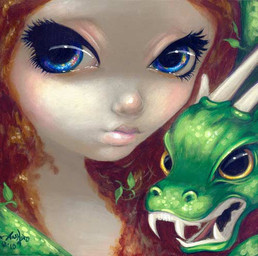 ambiguous_gender blue_eyes duo eyelashes fangs female feral green_body green_scales hair horn lips long_hair pink_lips pupils scales teeth jasmine_becket-griffith european_mythology mythology dragon human mammal mythological_creature mythological_scalie scaled_dragon scalie western_dragon 2010 dated formal_art low_res painting_(artwork) traditional_media_(artwork) traditional_painting_(artwork)