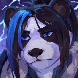 anthro black_body black_fur black_hair black_nose blue_eyes blue_hair clothed clothing detailed_background female front_view fur hair mouth_closed narrowed_eyes outside raining solo toony white_body white_fur corzh77 bear giant_panda mammal 1:1 bust_portrait detailed hi_res portrait