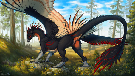 animal_genitalia anus beak beak_closed belly black_body butt claws detailed_background digitigrade feathered_wings feathers female feral forest fur genitals grey_vulva looking_at_viewer markings mouth_closed non-mammal_vulva orange_belly plant presenting presenting_anus presenting_vulva raised_tail red_markings sky solo spread_legs spreading tail tail_feathers tail_tuft teasing teasing_viewer tree tuft vulva wings deltablackk mythology avian bird gryphon mythological_avian mythological_creature absurd_res hi_res
