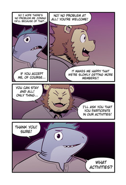 anthro brown_hair clothing cute_fangs dialogue duo excited eyes_closed fangs four_frame_image front_view gills green_hair grey_body grey_clothing grey_shirt grey_topwear hair male mohawk neck_fin open_mouth sharp_teeth shirt speech_bubble teeth teeth_showing text thank_you topwear yellow_body t0l0k isaac_(t0l0k) scott_(t0l0k) aquatic felid fish lion mammal pantherine shark comic english_text hi_res multiple_scenes