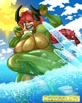 anthro beach big_breasts big_butt bikini blue_eyes blue_tongue breasts butt claws clothed clothing collar countershade_face countershade_torso countershading detailed_background female fingers front_view glistening glistening_body green_body green_scales hair horn huge_breasts long_ears long_hair lying markings mostly_nude multicolored_body multicolored_scales navel nude on_side open_mouth outside partially_submerged pink_hair scales seaside sky slightly_chubby smile solo string_bikini swimwear tan_body tan_scales teeth thick_thighs tongue topwear two-piece_swimsuit two_tone_body two_tone_scales water wet wide_hips frozenartifice mythology nina_(eigaka) animal_humanoid dragon dragon_humanoid humanoid mythological_creature mythological_scalie reptile scalie 4:5 absurd_res digital_media_(artwork) hi_res