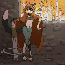 3_toes anthro autumn black_body black_fur cape claws cloak clothing crossbow digitigrade eye_spots feet female finger_claws footwear fur multicolored_body multicolored_fur paws ranged_weapon sandals shoes solo toe_claws toes weapon white_body white_fur yellow_eyes tateoftot bethesda_game_studios microsoft skyrim the_elder_scrolls felid khajiit mammal 1:1 hi_res