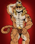 :3 anthro clothed clothing finger_in_underwear male muscular muscular_male navel nipples raised_arm red_background simple_background solo tail thong thong_only topless underwear underwear_only metrix epic_games fortnite meowscles meowtooth domestic_cat felid feline felis mammal absurd_res hi_res